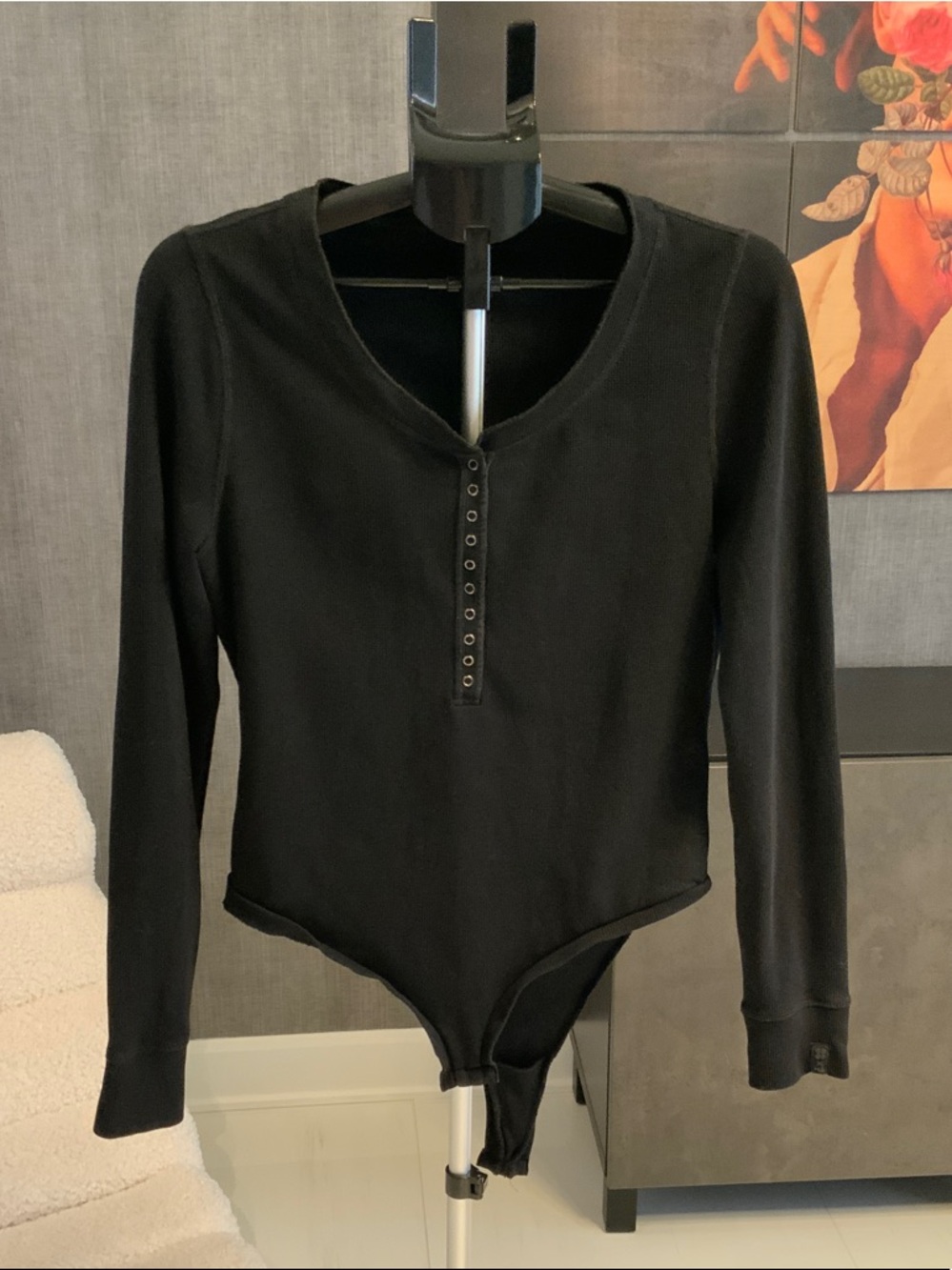 Sweaty Betty Black Long-Sleeve Snap-Front Waffle Bodysuit L
